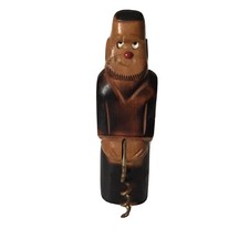 VTG Mid Century Monk Wine Bottle Opener & Cork Screw Wood Carve Risky Bar ware picture