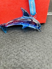 SeaWorld 2010 Blown Blue Swirl Glass Orca Dolphin Ornament in box New picture