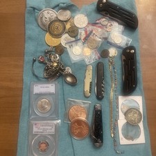 Large Junk Drawer Silver Coins Gold Filled Pocket Knives Graded Ungraded Coins J picture