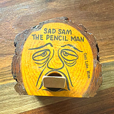 Sad Sam The Pencil Man Wood Log Pencil Holder - Cass Lake, Minn. picture