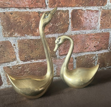 Vintage Solid Brass Swan Figurines Pair Matched Set MCM Hollywood Regency Decor picture