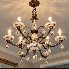VTG Porcelain & Brass Chandelier, 6 Lights, Gilded White Flowers Made in Spain picture