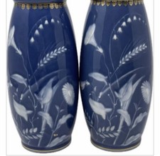 Limoges France Pair of Porcelain Pate-sur-pate Blue Floral Gilt Gold Vases picture