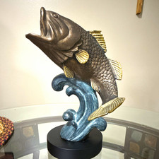 Beautiful Andrea by Sadek Brass Koi Sculpture Riding A Wave On Black Wood Base picture