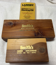 Vintage Smith's Arkansas Oilstone Sharpening Stone Set 2 Hard & Soft Cedar Wood picture