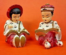 Vintage Asian Chinese Oriental Children Reading Boy & Girl Chalkware Figures MCM picture