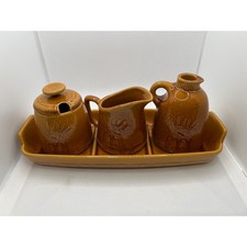 Vtg Franciscan Golden Wheat Condiment Set Tray Honey Sugar Creamer Vinegar Brown picture