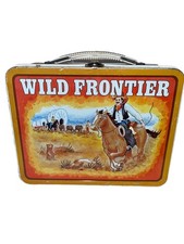 Vtg 1977 WILD FRONTIER METAL LUNCHBOX, Ohio Art, Western/Cowboys +Spinner Game picture