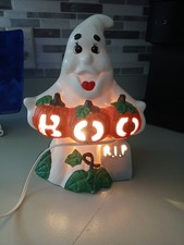 Vintage  90s HALLOWEEN GHOST PUMPKIN BLINKING LIGHT UP CERAMIC PIECE picture