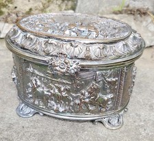ANTIQUE VINTAGE ORNATE EMBOSSED OVAL SILVER TRINKET JEWELRY BOX CASKET FOOTED KN picture