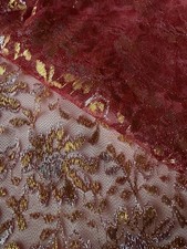 Vintage Tomato Red Metallic Gold Silver Floral Sheer Net Fabric 70” L x 34” W picture