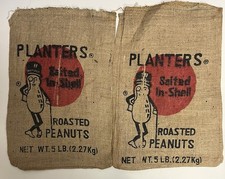 2x Vtg Planters Roasted Peanut Mr Peanuts Burlap Bag 5LB Sack 17x12 Graphic Flaw picture