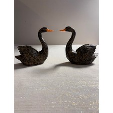 Set of 2 Decorative Black Swan Figurines Dark Bodies Bright Orange Bills Resin picture