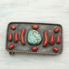 Vintage Sterling Silver Turquoise Coral Native American Belt Buckle picture