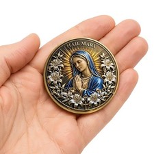 HAIL MARY Challenge Coin - Enameled Goldplate Steel - Religious -  picture