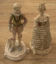 Antique Vintage Pair Chalkware Figurines Boy Girl Woman rococo southern belle  picture