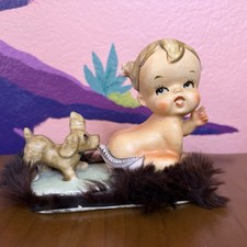 Vintage Pandora Japan Baby Dog Ceramic Figurine Fur (like Coppertone ad) picture