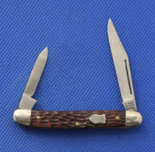 Vintage Schrade Walden 708, 2 blade brown jigged handle, NOS, NIB picture