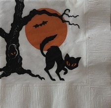 Two Individual Vintage paper beverage napkins decoupage Halloween Black Cat picture
