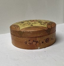 Vintage Hand Painted Wooden Trinket Box Floral Folk Art Round Lidded Box 6” picture