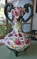 Antique Moriage Floral Ceramic Vase - 3 Footed - Earred - 14