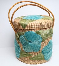 VTG Handmade Straw Raffia Woven Basket with Handle & Lid Floral Boho MCM picture