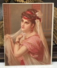 Antique Print of Lady in Pink Gown, Red Headband & Veils - L17 picture