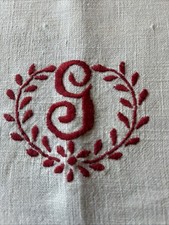 Vtg Antique French Monogram Linen Towel Red Work border Irish Belgian Flax PERF picture