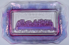 Vtg THE LAST SUPPER Pink & Purple Clear Carnival Glass Bread Dish Tray Jesus picture
