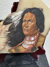 Vintage Signed Fernandez Rios Native American Portrait Green Onyx Stone Slab picture