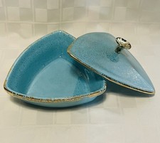Vintage MCM USA California Pottery Aqua Turquoise Blue Gold Speckled Lidded Dish picture
