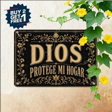 Dios Protege Este Hogar Sign Spanish Religious Blessing Tin Metal Wall Plaque picture