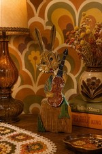 Large Vintage Ukrainian Hand Carved Handpainted Rabbit Hare Guitar Folk Art picture