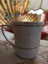 Vintage Minh Long Fine Porcelain Vietnam Bas Relief Mug Silver Trim 12 Oz picture