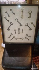 Vintage Antique Skeleton Lock & Keys in Wall Display Frame 17. 25