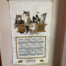 Vintage Linen Tea Towel Calendar 1972 Cats Excellent Condition, Original Box picture