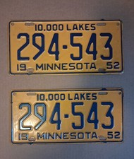 Vintage 1952 Minnesota License Plate Tag Set Matching Pair 10,000 Lakes 294-543  picture