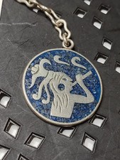 Vintage Round Heavy Metal Mayan Themed Sun Keychain picture