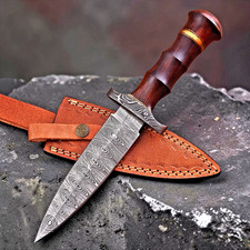CUSTOM HAND MADE FORGED DAMASCUS STEEL HUNTING DAGGER KNIFE LEATHER SHEATH 2936 picture
