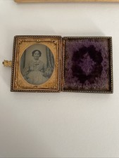 Antique Ambrotype 1/6  Plate Hand Tinted Whirlpool band Case, Lady hand colored picture