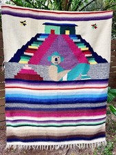 Vintage Handmade Mexican Tapestry Wall Hanging Rug Mayan Aztec Pyramid 93x51 picture