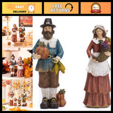 Thanksgiving Home Decor - 2 Pcs Fall Table Decorations, Resin Pumpkins & Pilgrim picture