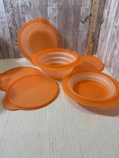 Tupperware FlatOut Orange Collapsible Expandable Bowls 4 Cup Set 3 w/ Lids VTG picture