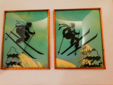 Great Vintage Pair  1940s Skiing Silhouettes Man & Woman Copper  W/ Curved Glass picture