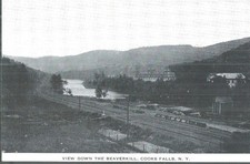 NICE EARLY  VIEW DOWN THE BEAVERKILL IN COOKS FALLS, NY WITH TRAIN TRACKS picture