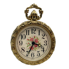 Vintage Westclox Small Ornate Gold Tone Pink Roses Desk Mechanical Alarm Clock picture