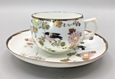 Unique Japanese Kutani Porcelain Cup Saucer Flowers & Birds Hand Painted Antique picture