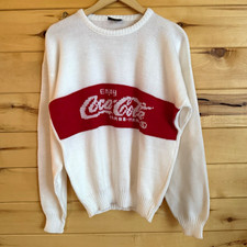 Vintage 80s Coca-Cola  XL White Knit Sweater Red Logo Stripe Made in USA picture