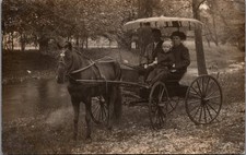 RPPC Family in Horse-Drawn Buggy by Stream Wooded Scene Sepia 1910s Postcard picture