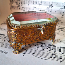Antique French Napoleon III Ormolu Jewelry Casket Box Beveled Glass Silk Lining  picture